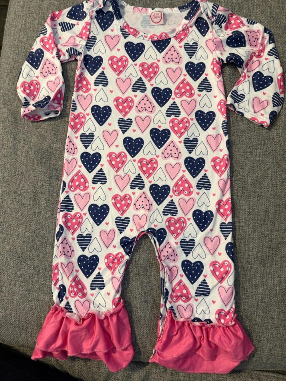 Isla Grace Heart-Print Long Sleeve Romper Pink/Navy 2 layers of ruffles 18-24m